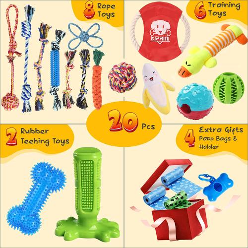 New KIPRITII Dog Chew Toys for Puppy - 20 Pack Puppies Teething Chew Toys for Boredom, Pet Dog Toothbrush Chew Toys with Rope Toys, Treat Balls and Dog Squeaky Toy for Puppy and Small Dogs