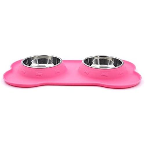 Super Design Stainless Steel Water Food Bowls in Non-Skid & No Spill Silicone Mat,for Small Dogs or Cats, Small, Pink