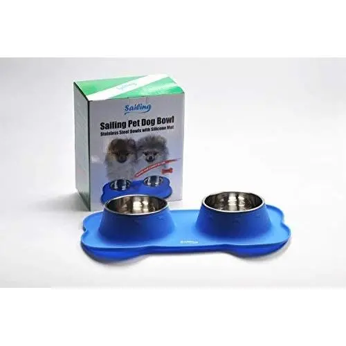 Sailing Silicone Stainless Steel Spill Proof 28 fl oz Dog Bowls Pets Cats Feeder Bowls Food Water Feeding Travel Bowl Pet Bowl Double Bowl Pet Feeder