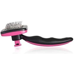 Mile High Life Self-Cleaning Slicker Grooming Dogs Cats Brush | Under Coat Rake for Loose Fur | Long Short Haired Pet | Blue Pink Color | Comfy Message Head Relaxation | Push Button for Easy Clean