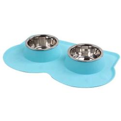 Pet Food and Water Bowls with 2 Stainless Steel Bowl & No Spill Non-Skid Silicone Mat Dog Cat Puppy Kitten Double Feeding Bowl 350ml x 2 (Blue)