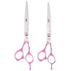 ShearsDirect Set of Japanese 440C Straight and Curved with Pink Rubber Handle, 8.0'', Stainless Steel
