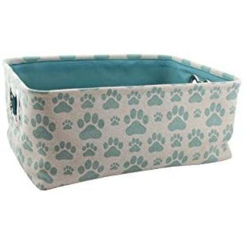 Winifred & Lily Pet Toy and Accessory Storage Bin, Organizer Storage Basket for Pet Toys, Blankets, Leashes and Food in Printed “Dog Paws”, Beige/Teal
