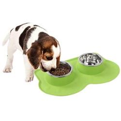 Pet Food and Water Bowls with 2 Stainless Steel Bowl & No Spill Non-Skid Silicone Mat Dog Double Feeding Bowl (350ml x 2)