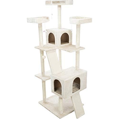 Royal Pet Club Celeste Cream Cat Tower 69in with Three Scratching Columns, Two Condos, Two Climbing Ramps, Three Edged Platforms, Dangling Toys (44730)