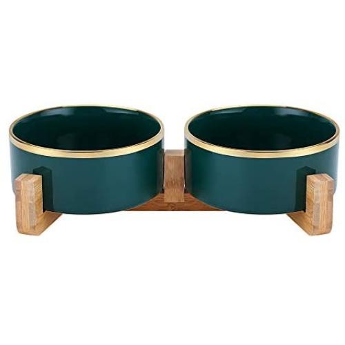 LIONWEI LIONWELI Ceramic Cat Dog Bowl Dish with Wood Stand No Spill Pet Food Water Feeder Cats Medium Dogs