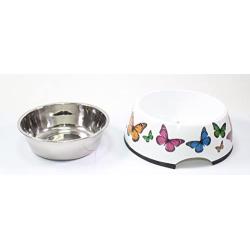 Sweet Pet Home 5.5'' Inch Diameter White with Butterflies Round Double Aluminum Dog Bowl with Rubber Rim