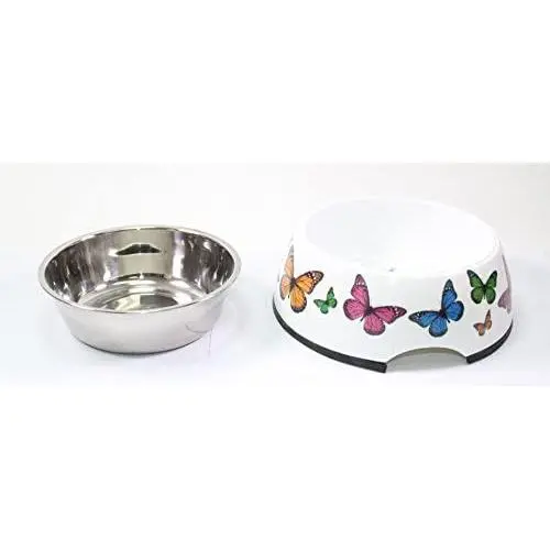 Sweet Pet Home 5.5'' Inch Diameter White with Butterflies Round Double Aluminum Dog Bowl with Rubber Rim Sweet Pet Home 5.5'' Inch Diameter White with Butterflies Round Double Aluminum Dog Bowl with Rubber Rim