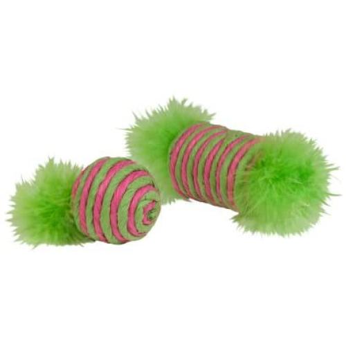 Boss Pet Chomper Kylies Brites 2-Piece Feather Raffia Spool and Ball Toy with Feather for Pets, Assorted Colors
