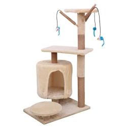 Famgizmo Cat Tree | Sisal Scratching Posts | 90cm Stable Cat Tower with Cat Cave | Cat Kitten Activity Centre | Dangling Toys | Cat Condo | Cat Furniture | Climbing Tower | Beige & Dark Blue