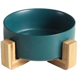QFULL Ceramic Round Dog Cat Bowl - Durable Ceramic Food Water Elevated Dish for Pet,with Wood Stand,28 Ounces