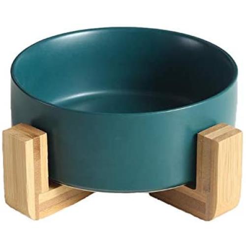 QFULL Ceramic Round Dog Cat Bowl - Durable Ceramic Food Water Elevated Dish for Pet,with Wood Stand,28 Ounces