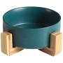 QFULL Ceramic Round Dog Cat Bowl - Durable Ceramic Food Water Elevated Dish for Pet,with Wood Stand,28 Ounces