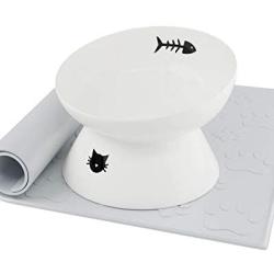 immaculife Ceramic Raised Cat Food Bowl with Anti-Slip Mat for Elder Big Cats, Elevated Cat Dish, Tilt Angle Protect Cats Spine, Stress Free, Backflow Prevention, Gift for cat