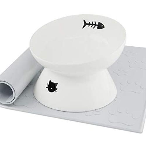 immaculife Ceramic Raised Cat Food Bowl with Anti-Slip Mat for Elder Big Cats, Elevated Cat Dish, Tilt Angle Protect Cats Spine, Stress Free, Backflow Prevention, Gift for cat