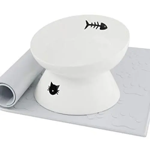 immaculife Ceramic Raised Cat Food Bowl with Anti-Slip Mat for Elder Big Cats, Elevated Cat Dish, Tilt Angle Protect Cats Spine, Stress Free, Backflow Prevention, Gift for cat
