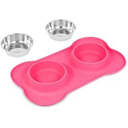 Internets Best Bone Dog Bowl Set - Double Stainless Steel Pet Food Water Bowls - No Spill Silicone Stand