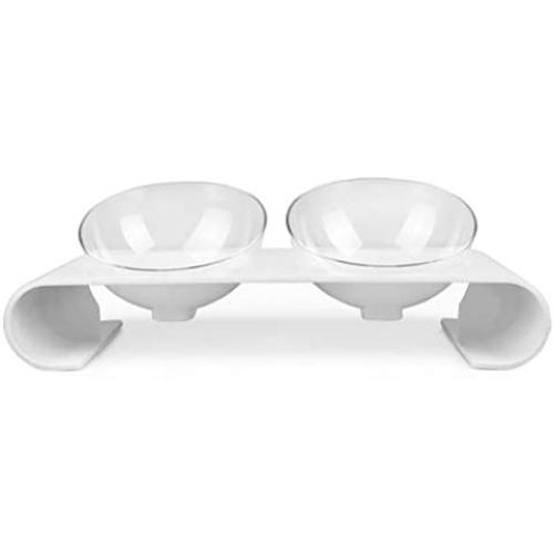 ikjuh Double Dog Cat Bowls Elevated Food Water Feeder Transparent Plastic Bowl with Raised Stand 15 Degree Tilt Design Neck Guard Double Angle Regulation