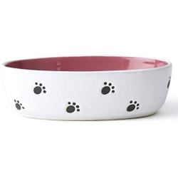 PetRageous 11023 Silly Kitty Oval Dishwasher Safe Stoneware Cat Bowl 6.5-Inch Long 4-Inch Wide 2-Inch Tall 2-Cups Capacity for Cats of All Sizes With Silly Kitty Logo In the Basin, White and Pink