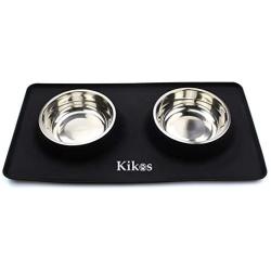 Kikos Double Dish Stainless Steel Small/Medium/Large Dogs Bowls with Waterproof Non-Skid Mat