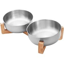 La La Pet Pet Feeder Feeding Bowl Stainless Steel Bamboo Rise Food Bowl Drinking Bowl for Dogs Cats