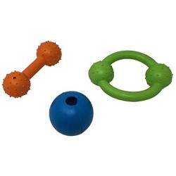 3 Premium Quality Rubber Toys Green Ring Orange Bone Blue Ball Dog Play Outdoor