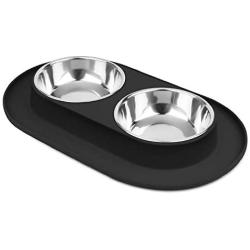 Flexzion Double Dog Bowl Feeding Station, Skid Proof Silicone Base with Spill Proof Raised Lip & Two 12oz Stainless Steel Bowls for Food and Water, Ideal for Small to Medium Size Dogs Cats Pet