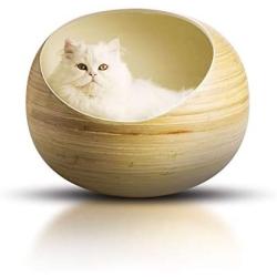 Fhasso Luxury Bamboo Cat Bed - Eco-Friendly, Natural, Handmade Cat Cave Bed with Washable Velvet Cushion - Enclosed Premium Pet Bed - Modern, Decorative Design
