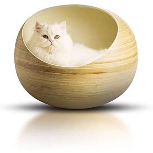 Fhasso Luxury Bamboo Cat Bed - Eco-Friendly, Natural, Handmade Cat Cave Bed with Washable Velvet Cushion - Enclosed Premium Pet Bed - Modern, Decorative Design