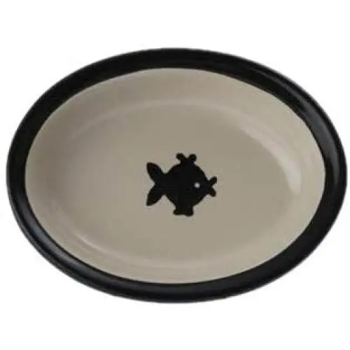 PetRageous 10070 Oval City Pets Stoneware Cat Bowl 6.25-Inch Wide and 1.5-Inch Tall Saucer with 1-Cup Capacity and Dishwasher and Microwave Safe is Great for Cats, Black and Brown