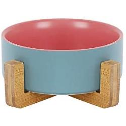 LIONWEI LIONWELI Ceramic Cat Dog Bowl Dish with Wood Stand No Spill Pet Food Water Feeder Cats Small Dogs
