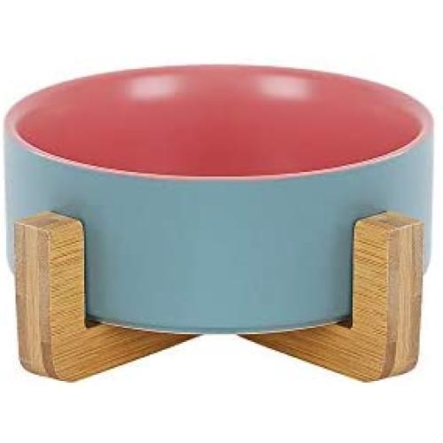 LIONWEI LIONWELI Ceramic Cat Dog Bowl Dish with Wood Stand No Spill Pet Food Water Feeder Cats Small Dogs