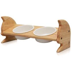 SCOGKATT CS Premium Elevated Cats and Dogs Feeder, Double Bowl Raised Stand with Ceramic Bowls Included. Made from Natural Rubber Wood Perfect for Small Cats and Dogs