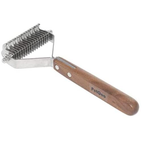 PetQoo Dematting Comb for Dogs - Double Sided Shedding and Dematting Undercoat Rake Comb for Dogs and Cats, Extra Wide, Stainless Steel with Wooden Handle, Gently Removes Undercoat Knots Mats