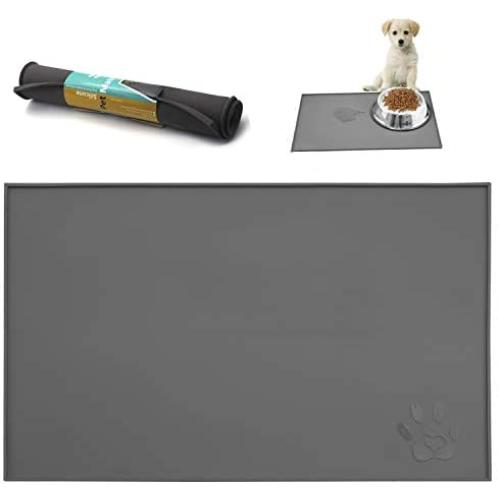 Silicone Waterproof Pet Food Mat 19“x 12”Grey- Anti-Slip Food Grade Cat Dog Puppy Kitty Bunny Rabbit Bowl Mat, Feeding Cushion for Under Pet-Food Bowls Water Dishes - Anti-Spills, Anti-Wet, Anti-Messy