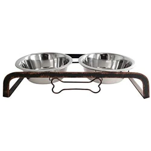 American Pet Supplies Elevated Rustic Bone Dog Feeder with 2 Stainless Steel Bowls for Puppies and Dogs, Aged Copper