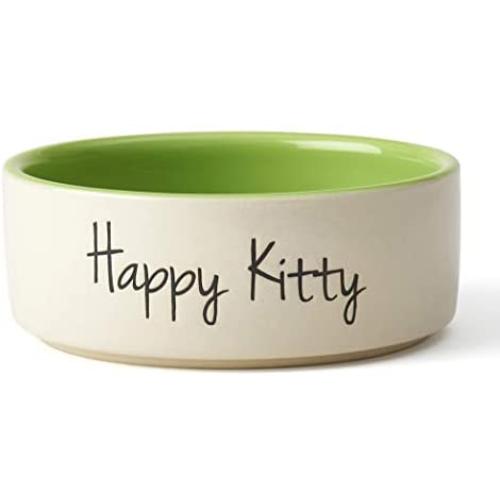 PetRageous 17008 Happy Kitty Stoneware Dishwasher Safe Cat Bowl 2-Cup 5-Inch Diameter 2-Inch Tall for Cats, 16-Ounce, Off-White