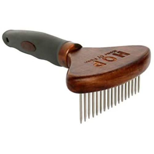 HOP Home of Paws Metal Dog Comb for Grooming Long Hair Cats & Dogs - Pet Steel Deshedding Rake Pin Brush Dog Rake, Lotus Wood