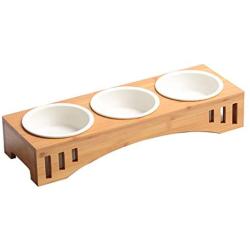 Smith Chu Premium Elevated Pet Bowls, Raised Dog Cat Feeder Solid Bamboo Stand with Ceramic Food Feeding Bowl, for Cats and Puppy