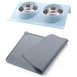 Stainless Steel Double Pet Bowls and Non-Skid Silicone Mat, Food and Water Feeder Bowls for Cats or Dogs.