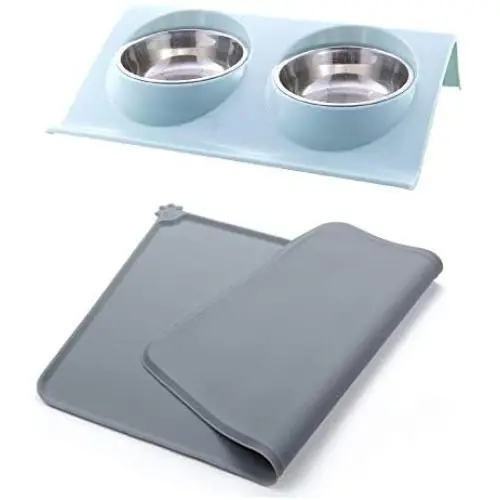 Stainless Steel Double Pet Bowls and Non-Skid Silicone Mat, Food and Water Feeder Bowls for Cats or Dogs. Stainless Steel Double Pet Bowls and Non-Skid Silicone Mat, Food and Water Feeder Bowls for Cats or Dogs.