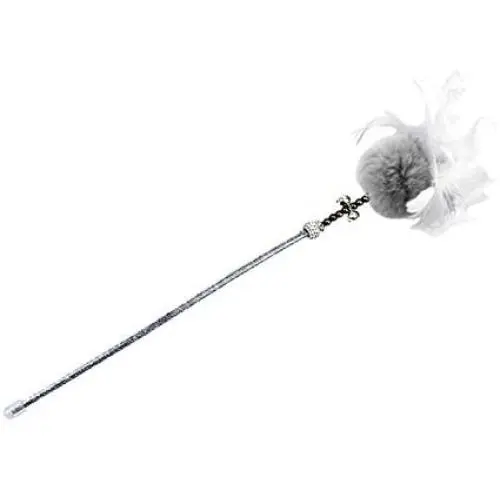 ocijf179 Cat Teaser Pet Cat Kitten Teaser Beads Bell Plush Ball Feather Playing Stick Wand Chew Toy - Grey