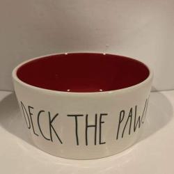 Rae Dunn DECK THE PAWS Dog pet bowl - red interior - 6 inches - ceramic