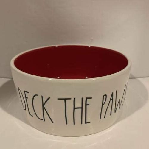 Rae Dunn DECK THE PAWS Dog pet bowl - red interior - 6 inches - ceramic