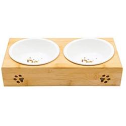 MLCINI Raised Dog cat Bowls with Stand, Solid Bamboo Non Slip Elevated Dog cat Bowls and 2 Stainless Steel Food Water Bowls for Small Medium Dogs Cats pet