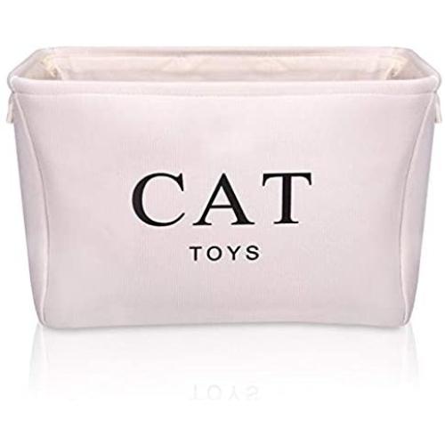 GUMEW White Canvas Cat Toy Basket Box for Cats Toy Storage. Size: 16in x 12.5ins x 7.5ins