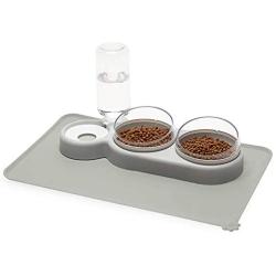 YEACHA Raised Cat Bowls, Tilt Cat Dog Food Water Elevated Bowls Set with Automatic Water Bottle, with Silicon Waterproof Mat, for Cats Small Dogs