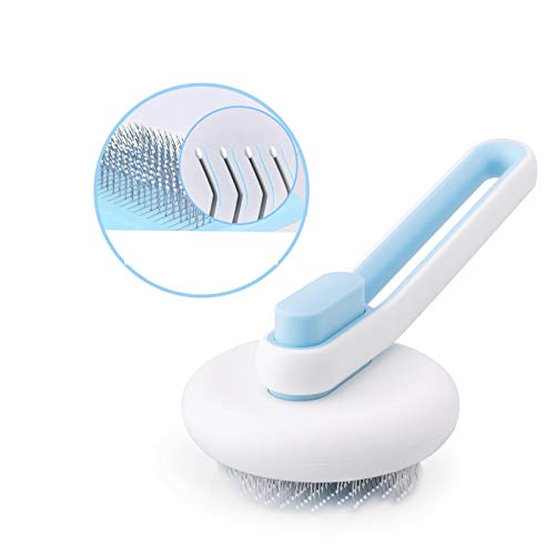 MOCSONE Cat Brush | Dog Brush Comb,Self Cleaning Slicker Brush for Dogs and Cats, Gently Pet Massage & Grooming Tool, One-click Painless Hair Remover Brush for Shedding (Blue)