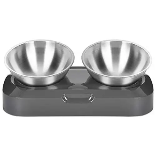 EZMioo Elevated Cat Bowls with 2 Stainless Steel Bowls, 15° Tilted Raised Cat Food and Water Bowls, Stress Free Food Grade Material, Nonslip No Spill Pet Feeding Bowls for Cat and Small Dogs