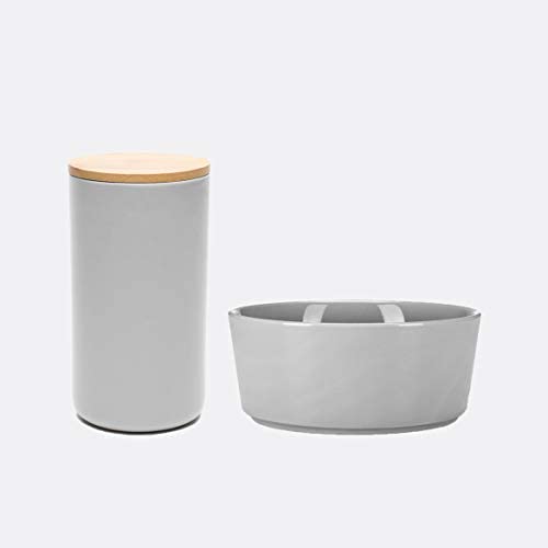 Waggo Simple Solid Ceramic Medium Dog Bowl and Air Tight Treat Jar Set - Light Grey